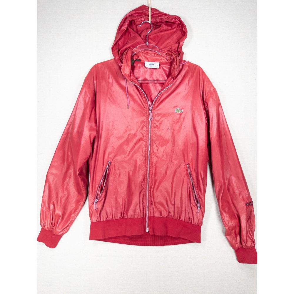 Vintage Izod Lacoste Red Nylon Windbreaker Hooded Jacket Mens M Full Zip